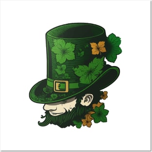 A leprechaun hat with a four-leaf clover,with a smiling face Posters and Art